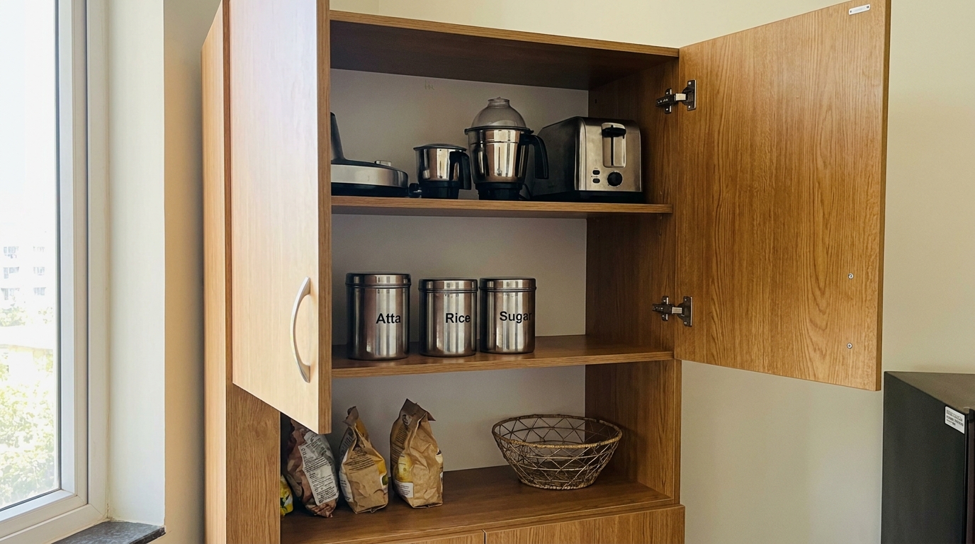 Tall kitchen storage unit with doors open showing organised grocery containers and small appliances on adjustable shelves.