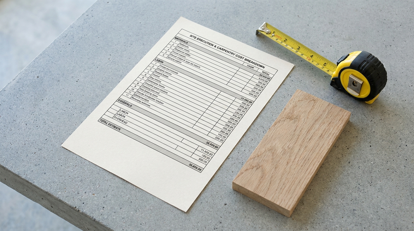Execution and carpentry cost breakdown document beside a wood sample and measuring tape on a concrete table.