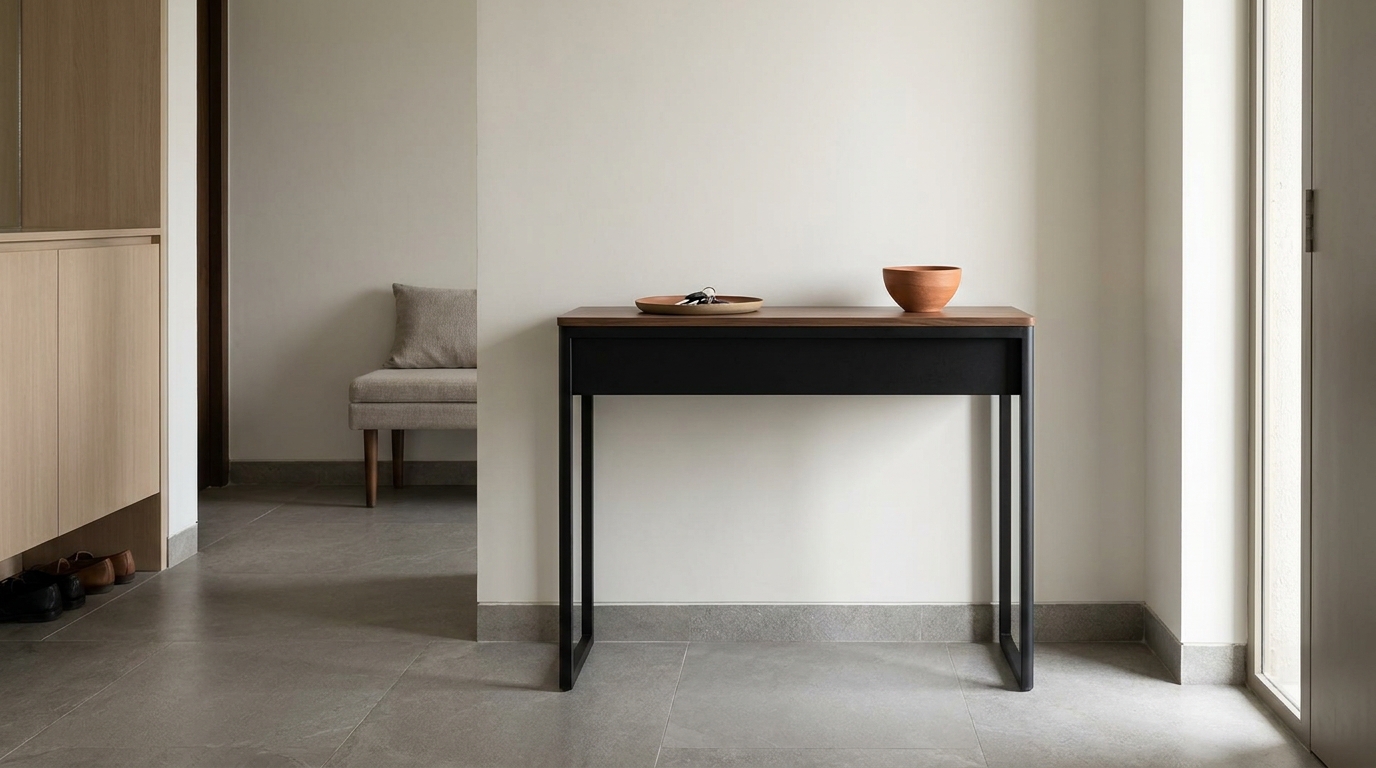 Slim console table with tray styling in an Indian apartment entryway.