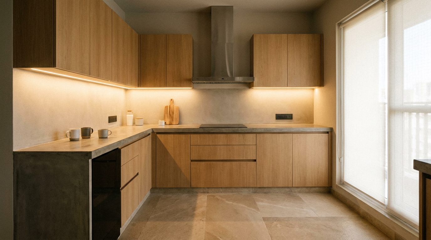 Kitchen counter lit with under-cabinet task lighting.