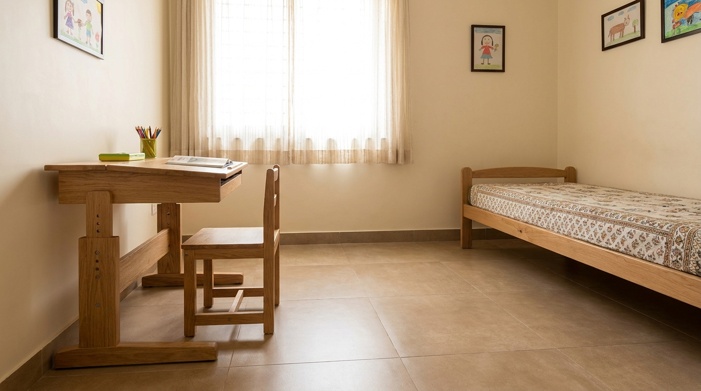 Adjustable-height desk and chair set sized for a young child in an Indian apartment kids' room.