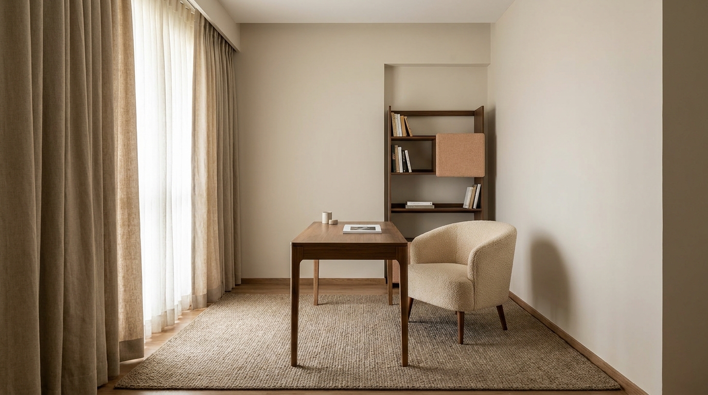 Modern Indian home office with acoustic absorption elements — a large woven rug, linen curtains, a boucle fabric desk chair, and a bookshelf with fabric panel — all soft surfaces reducing echo