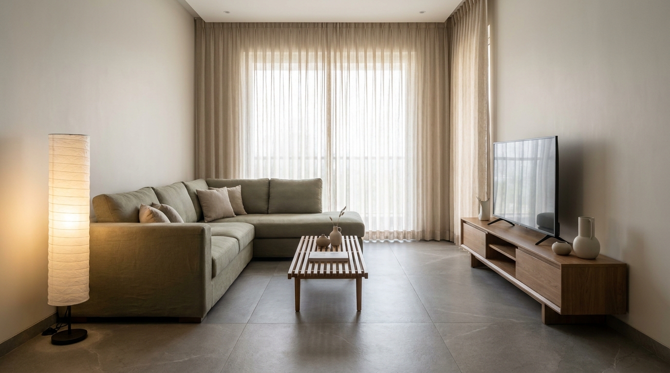 L-shaped sofa layout in an Indian apartment living room corner.