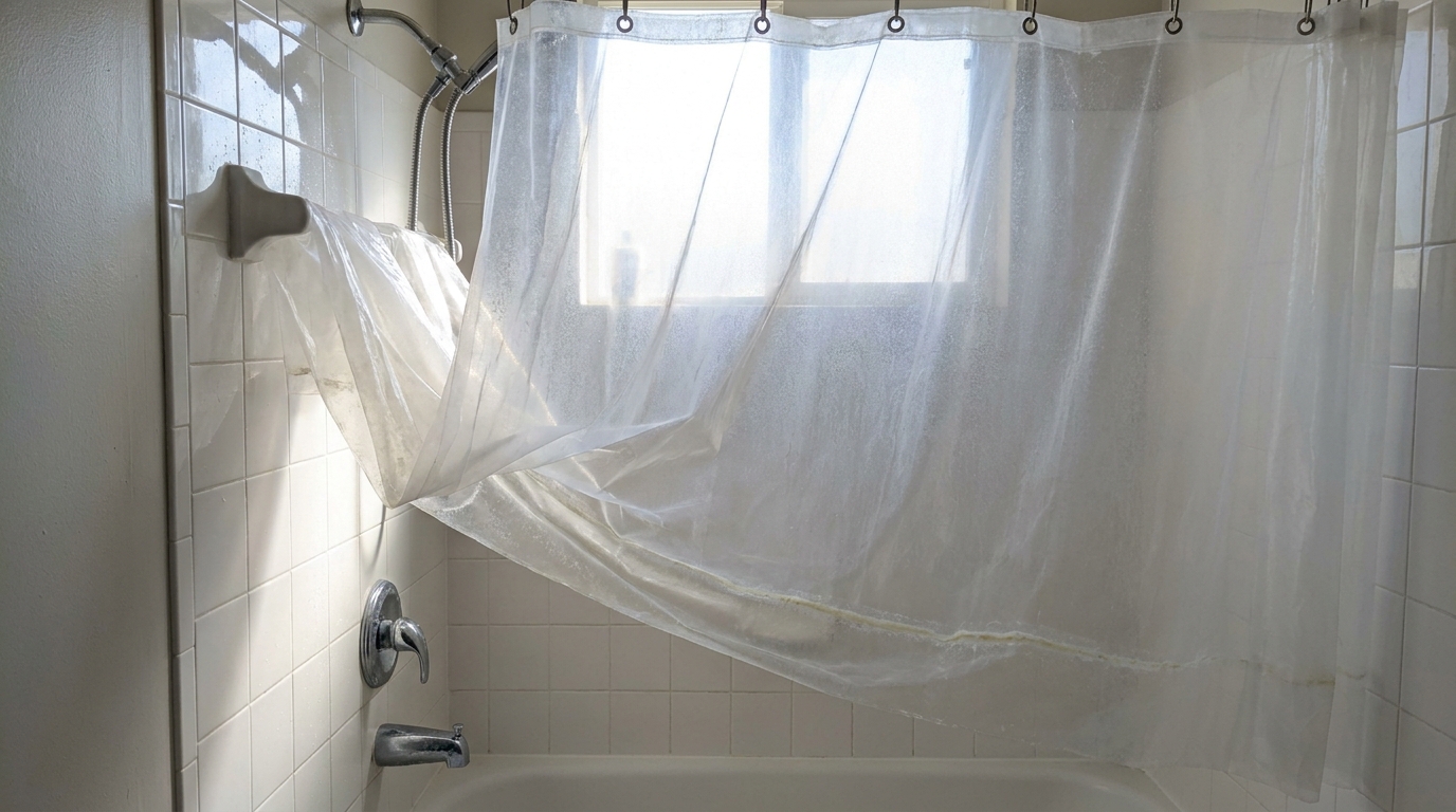 Plastic shower curtain hanging in a bathroom shower opening with visible buildup along the bottom edge.