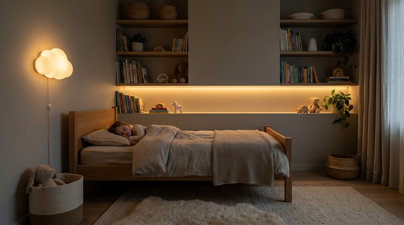 A cozy child's bedroom interior illuminated at night by a warm cloud-shaped wall sconce next to the bed and soft, indirect under-shelf LED strip lighting casting a calm glow.