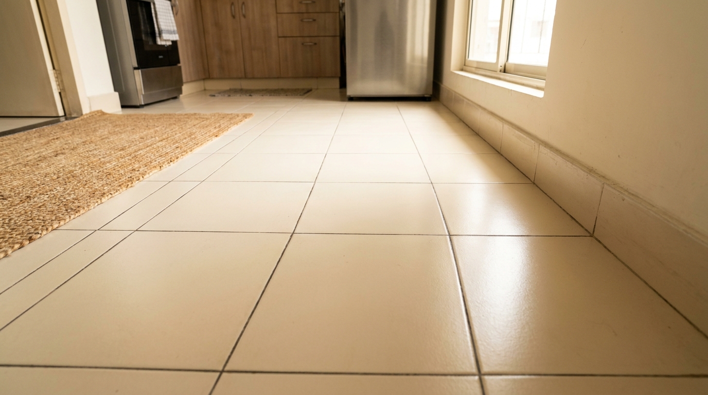 Standard light cream ceramic tile flooring with grout lines in an Indian apartment kitchen before renovation.