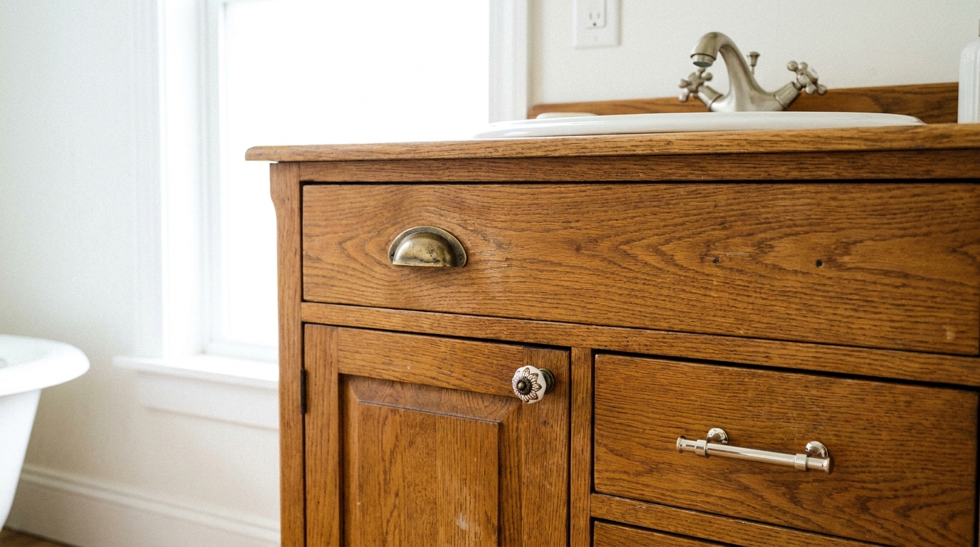 Bathroom vanity cabinet with three mismatched handles on adjacent drawers and doors.