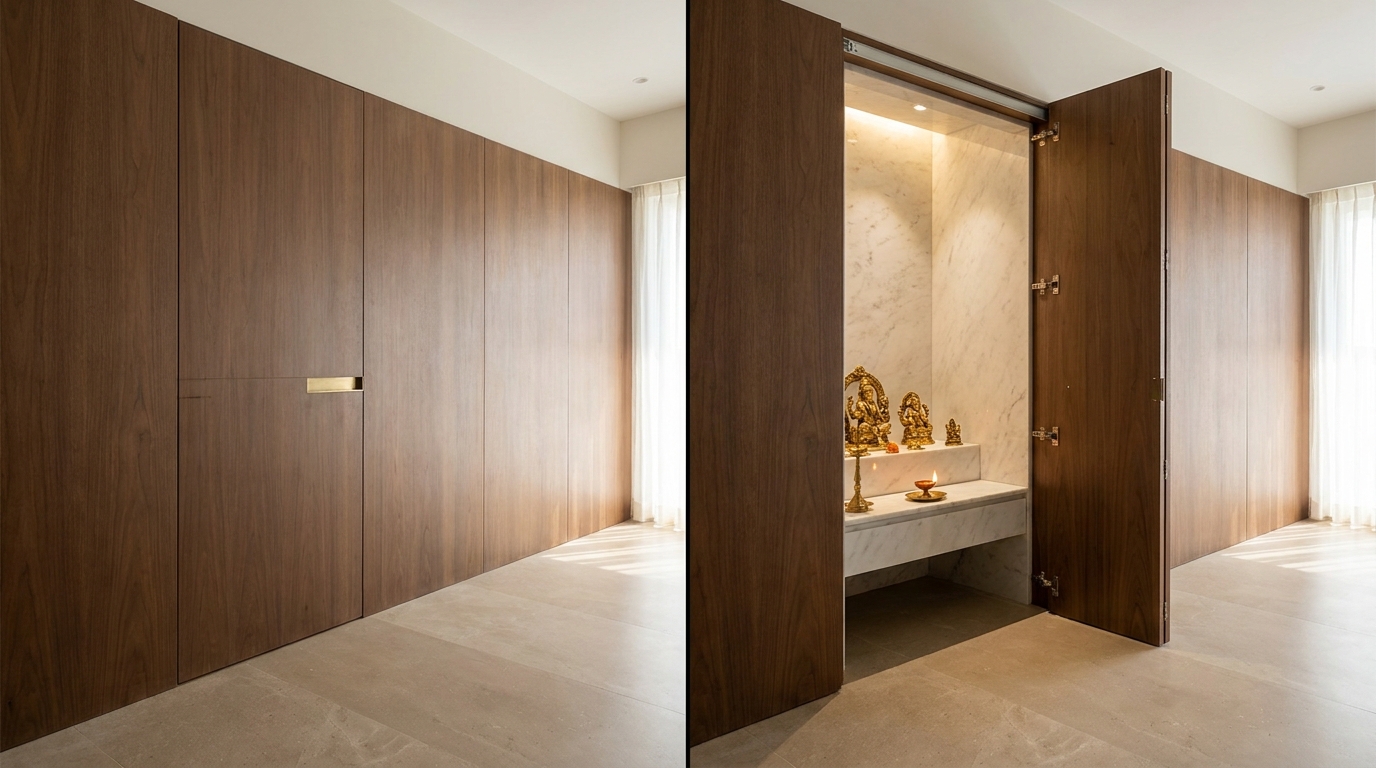Split image showing a fold-away panel mandir closed and open in an Indian apartment.