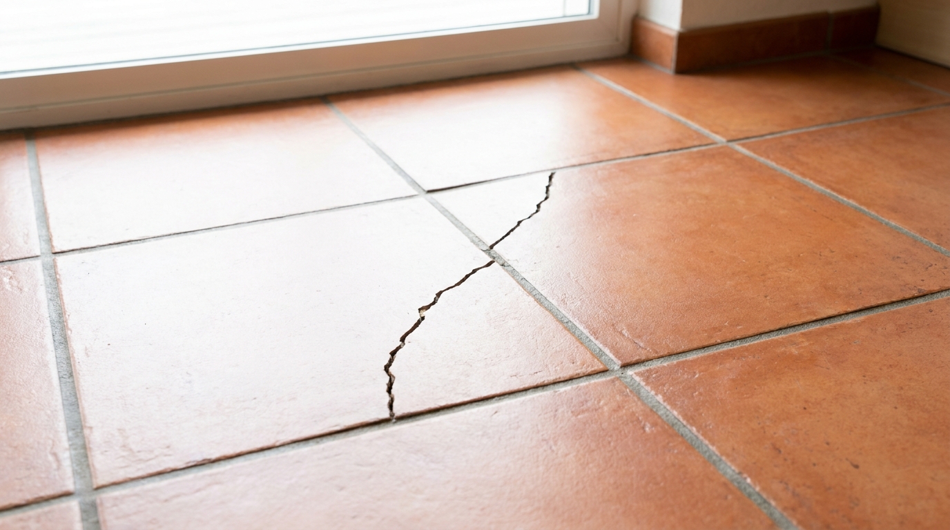 Section of tile flooring with a visible crack running across two adjacent tiles.