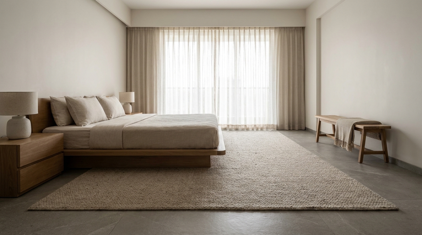 Wool-blend rug anchoring a bed in an Indian master bedroom.