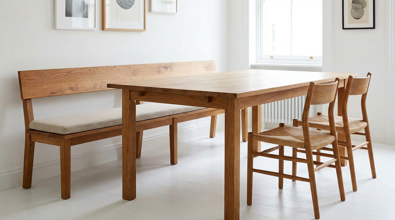 Dining table with a cushioned wooden bench on one side and two individual chairs on the other.