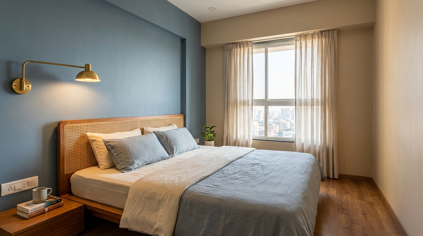 Compact Indian bedroom with dusty blue and warm sand wall colours.