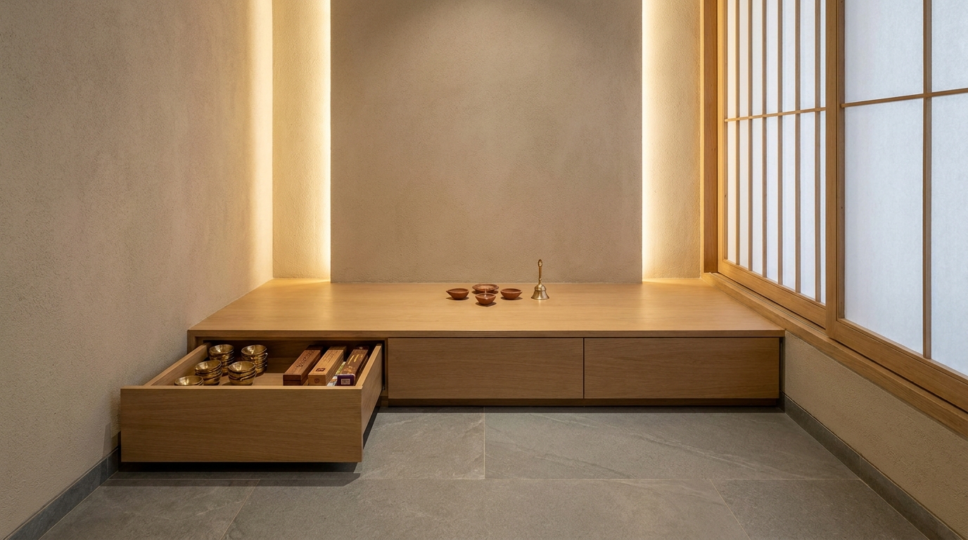 Pooja platform with built-in storage drawer for daily items in an Indian apartment.
