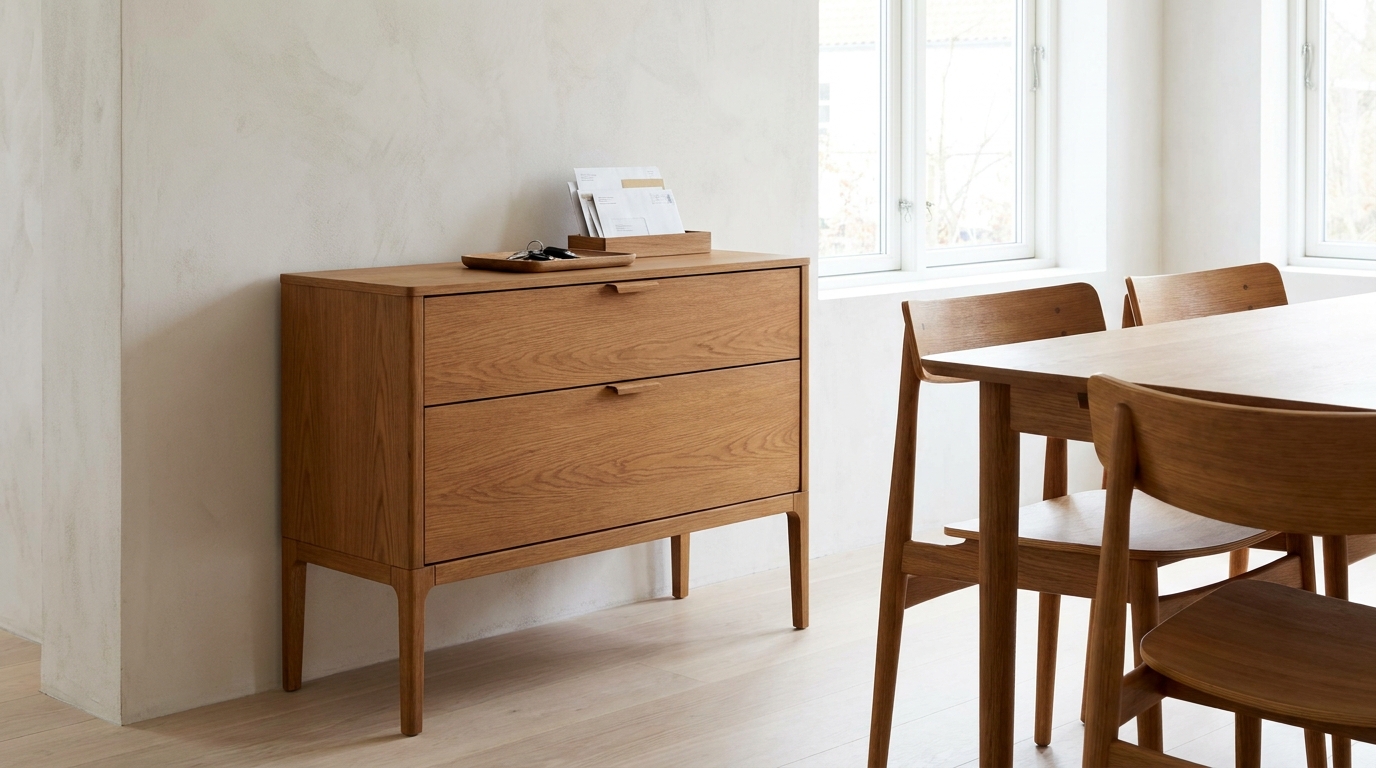 Slim wooden sideboard with two drawers near a dining table, holding a small tray with keys and mail.