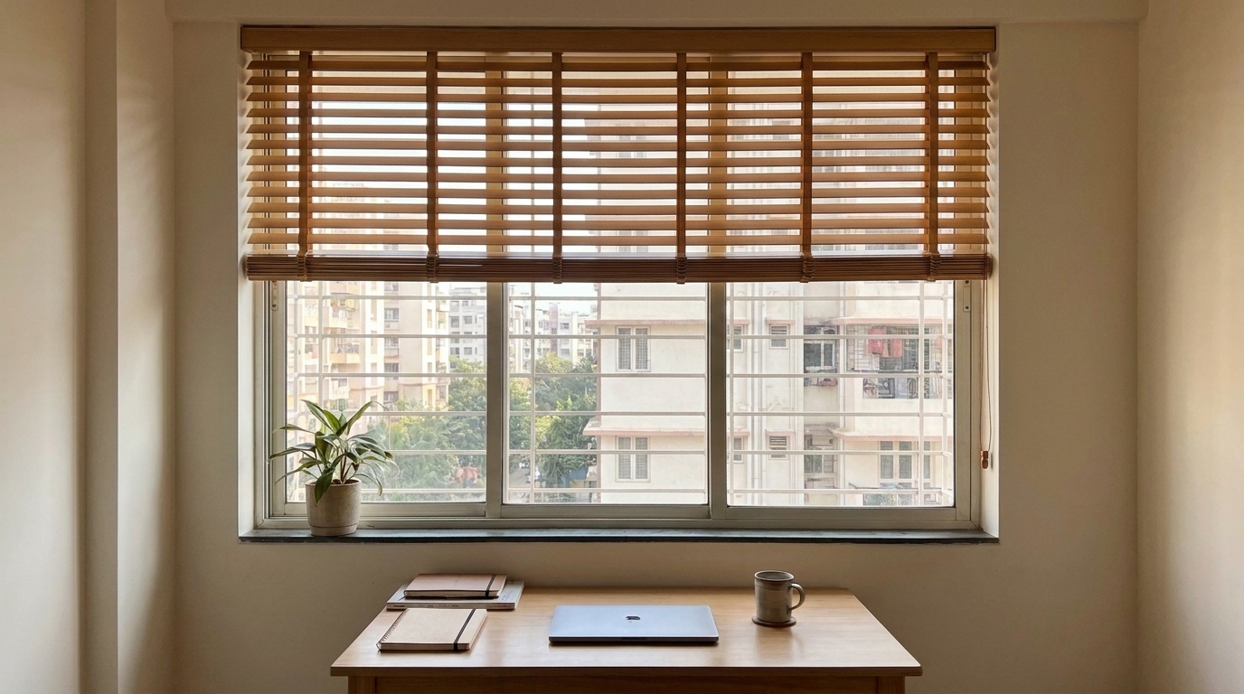 Wooden venetian blinds with angled slats on a home office window in a renovated Indian apartment.