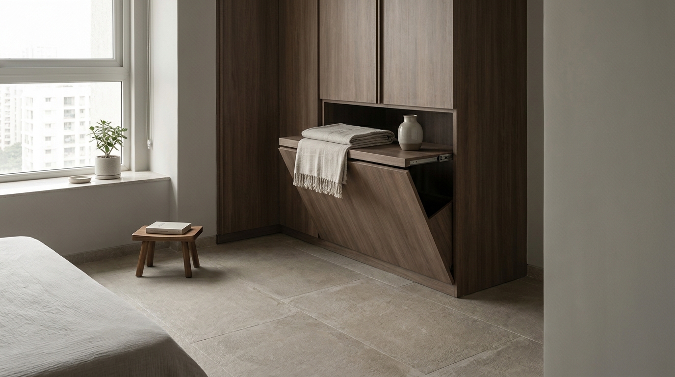 Corner wardrobe unit with pull-out angled shelf, angled editorial shot.