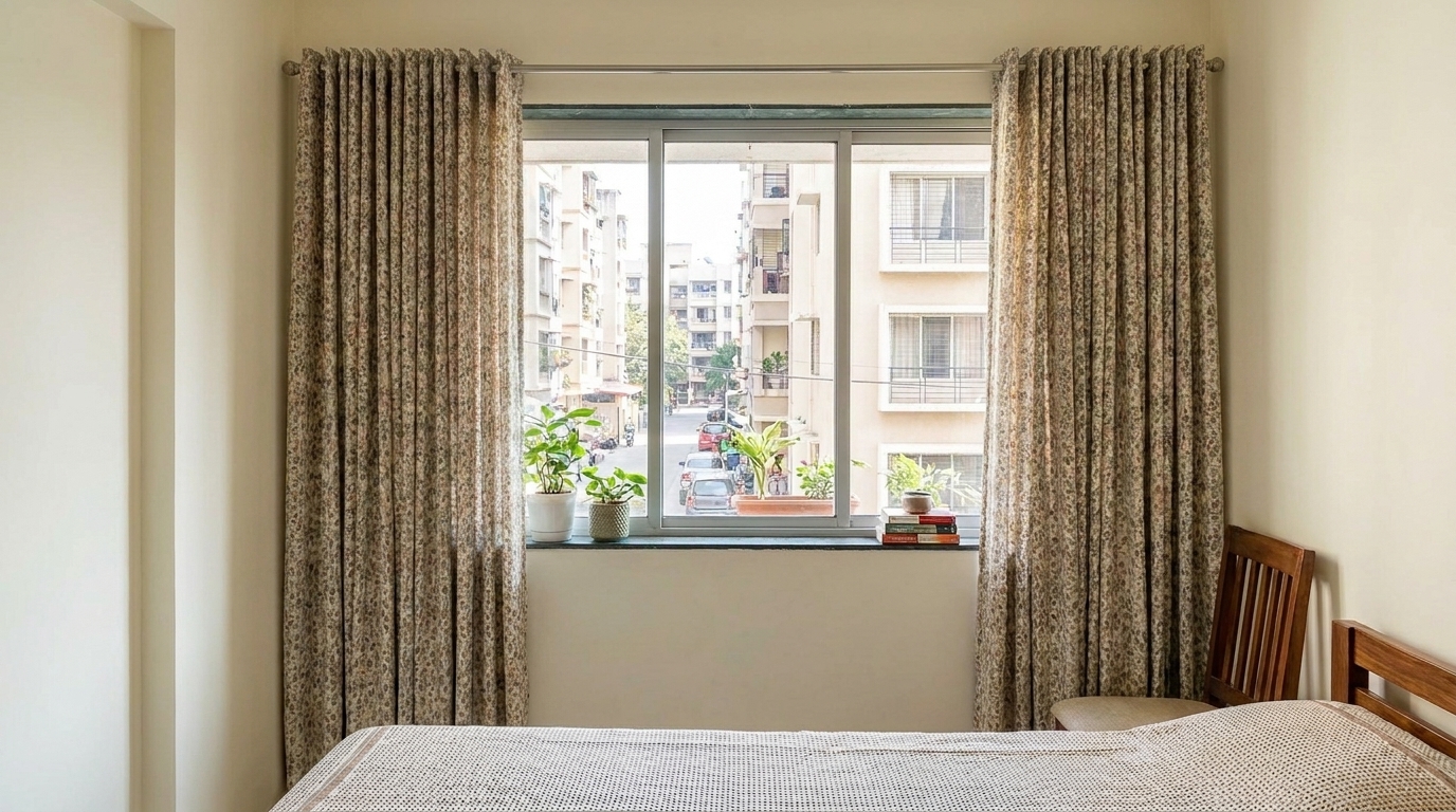 Floor-to-ceiling curtain panels mounted near the ceiling in a renovated Indian apartment bedroom.
