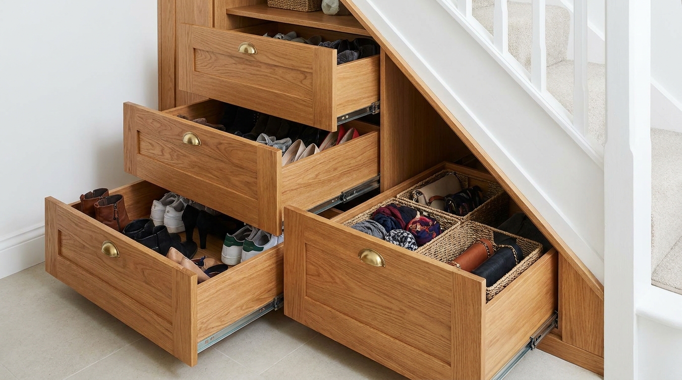 Pull-out wooden drawers built into the space under a staircase, shown open with shoes and storage baskets.