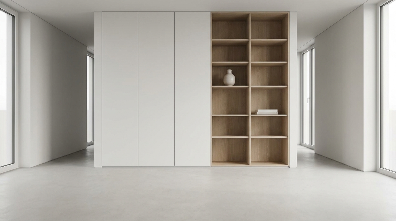 Tall, narrow wardrobe and ceiling-height open shelving with clear, uncluttered floor space beneath