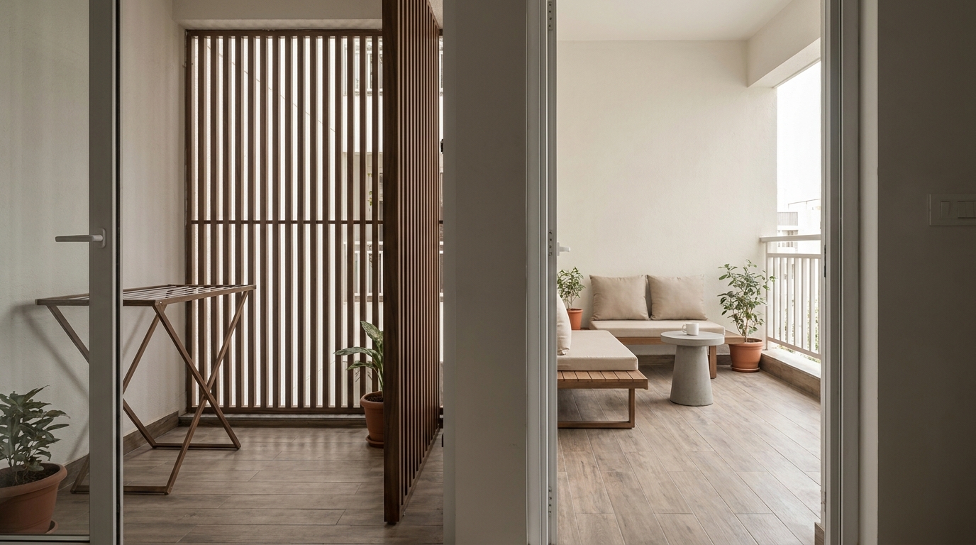 Slatted wood screen separating utility area from seating on an Indian balcony.