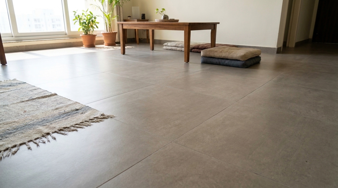 Large format matte porcelain slab flooring with minimal grout lines in a renovated Indian apartment living room.