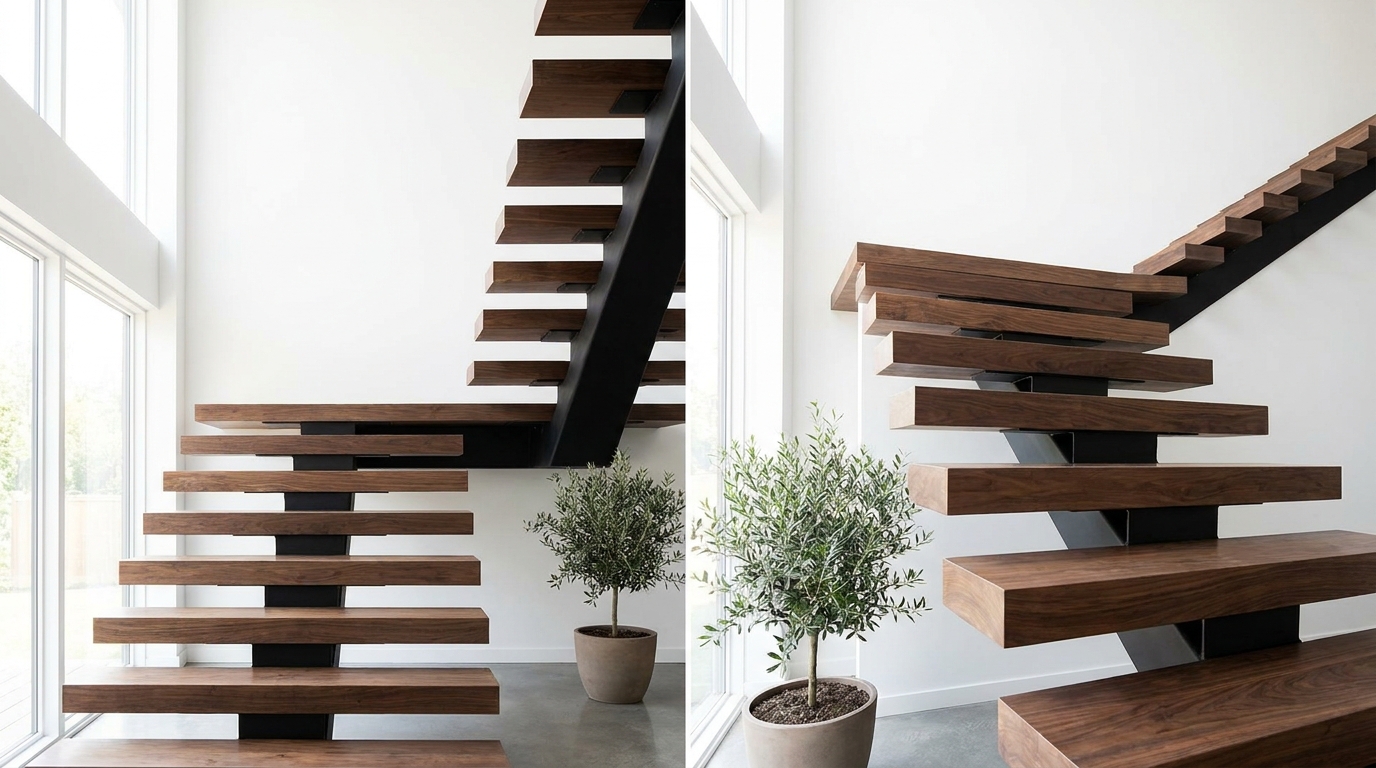 Floating staircase with dark walnut wood treads on a black steel frame against a white double-height wall.