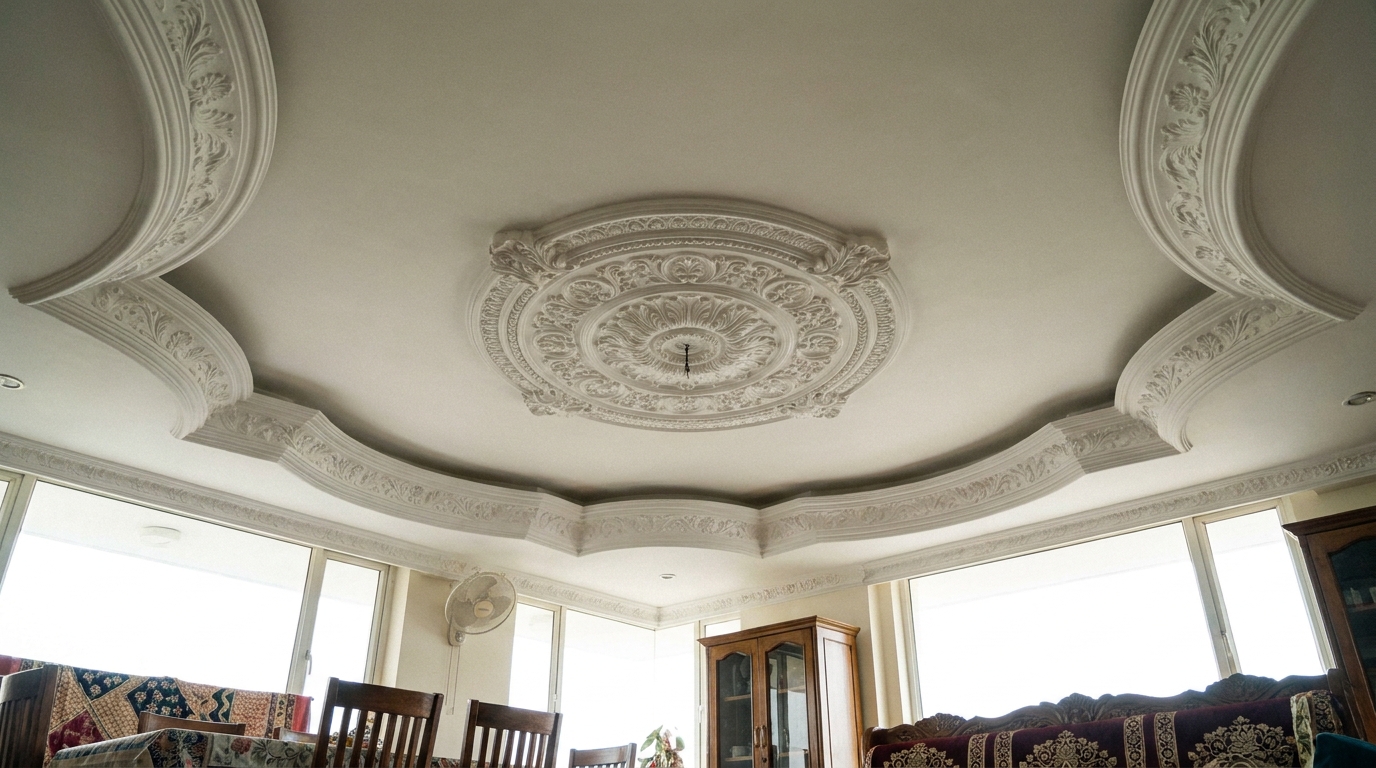 POP false ceiling with a curved cornice profile and central circular medallion detail.