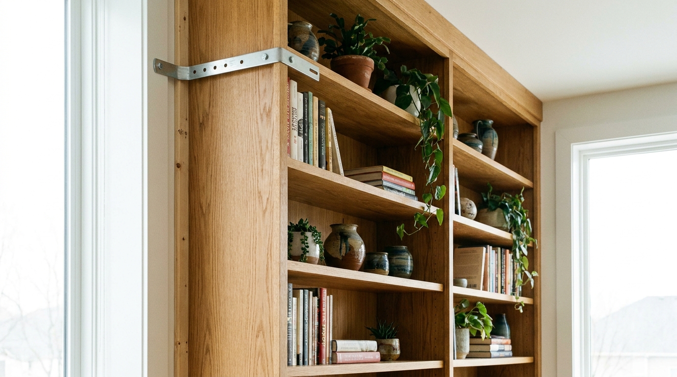 Tall bookshelf secured to the wall with a visible anti-tip strap bracket.