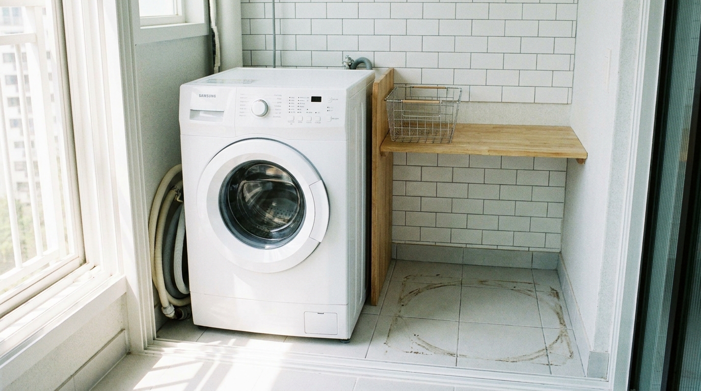 Compact front-loading washing machine in a narrow utility nook, with clear floor space beside it.