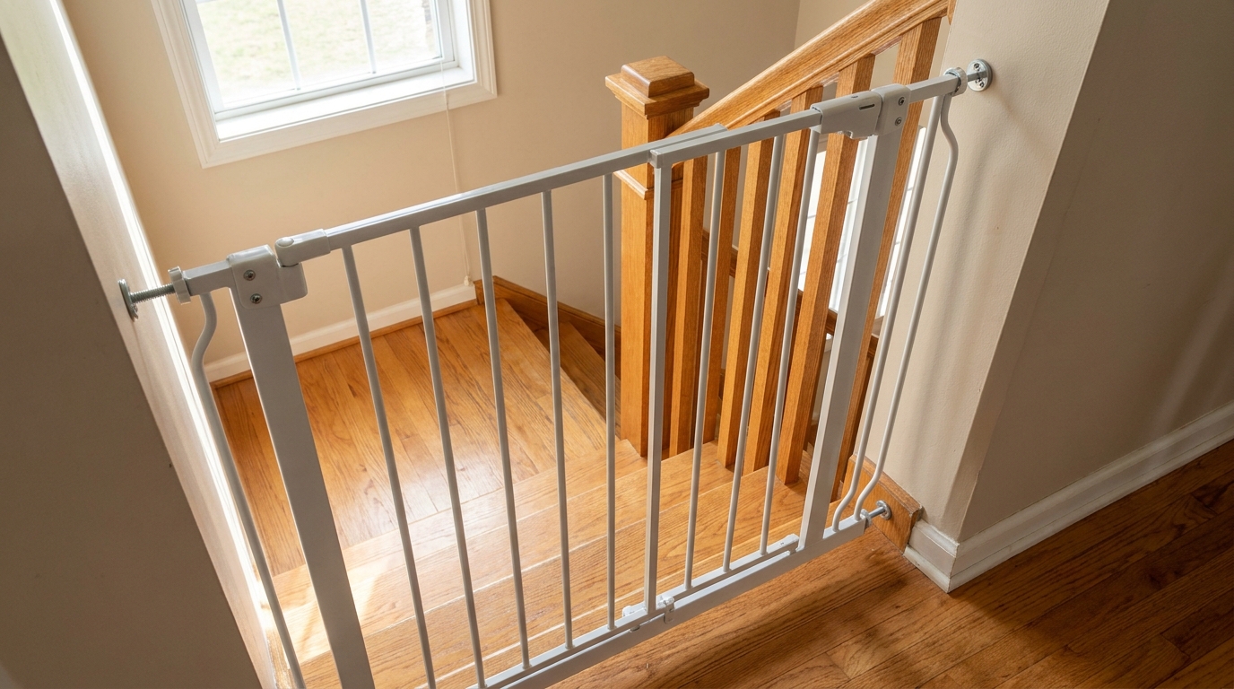 Staircase with a hardware-mounted safety gate fitted securely at the top.
