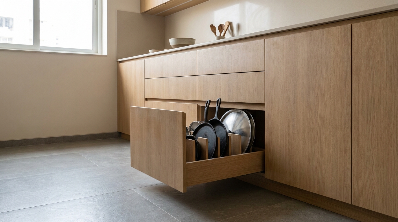 Vertical slot storage for tawas and lids in a modern Indian kitchen.