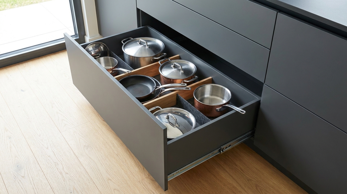Deep pull-out kitchen drawer fully extended, showing neatly organised pots and pans.
