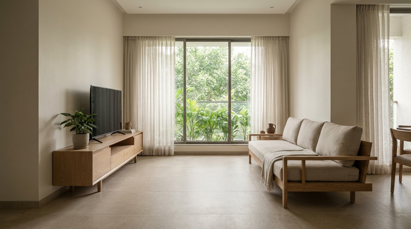 Living room layout with TV off-center to prioritize the window view.