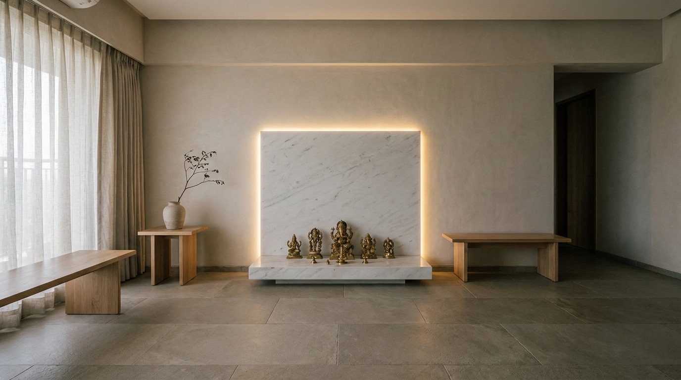 Backlit marble mandir with warm LED glow in an Indian apartment.