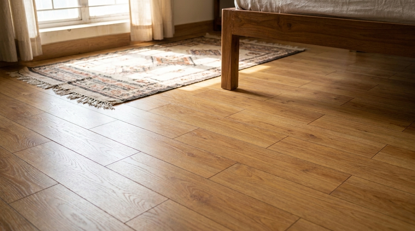 Engineered wood plank flooring in warm honey-oak tone in a renovated Indian apartment bedroom.