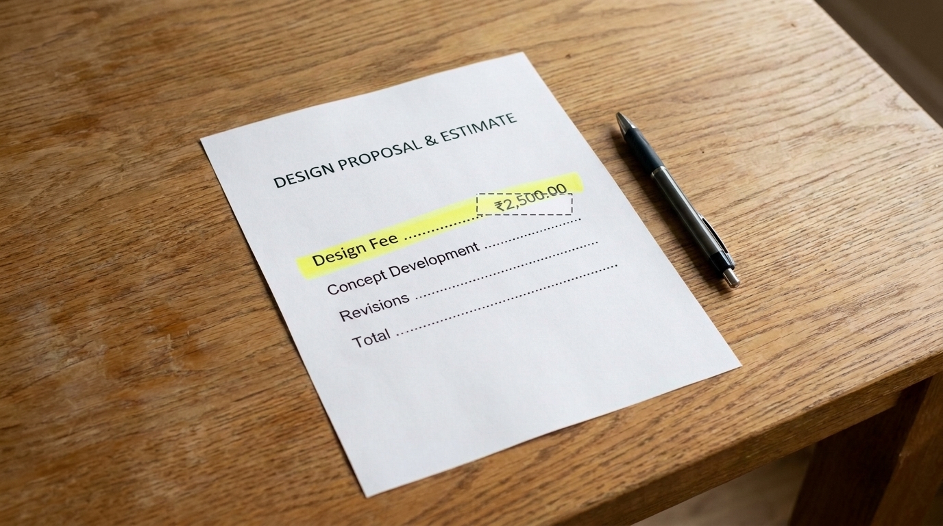 Close-up of a design quote document showing a highlighted design fee line item on a wood table.