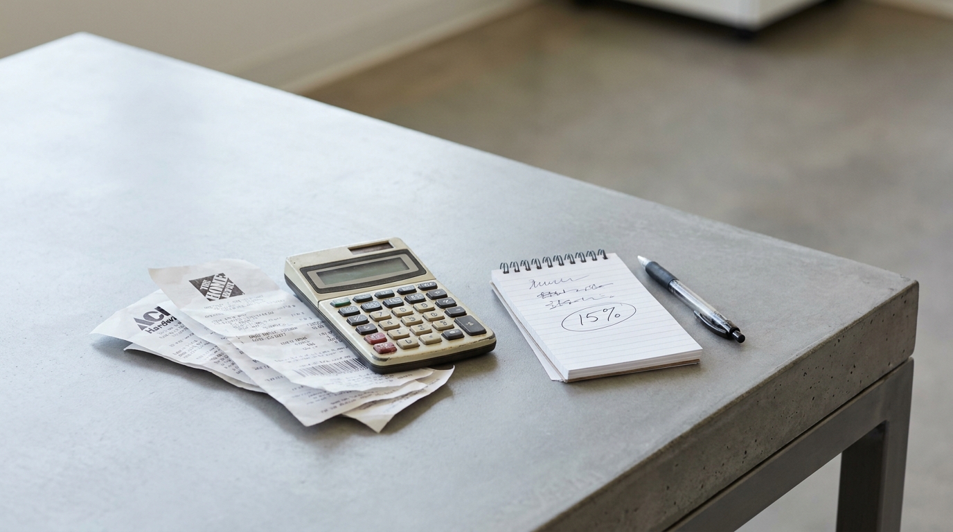 Calculator, receipts, and a notepad with a circled contingency figure on a table, representing renovation budget planning.