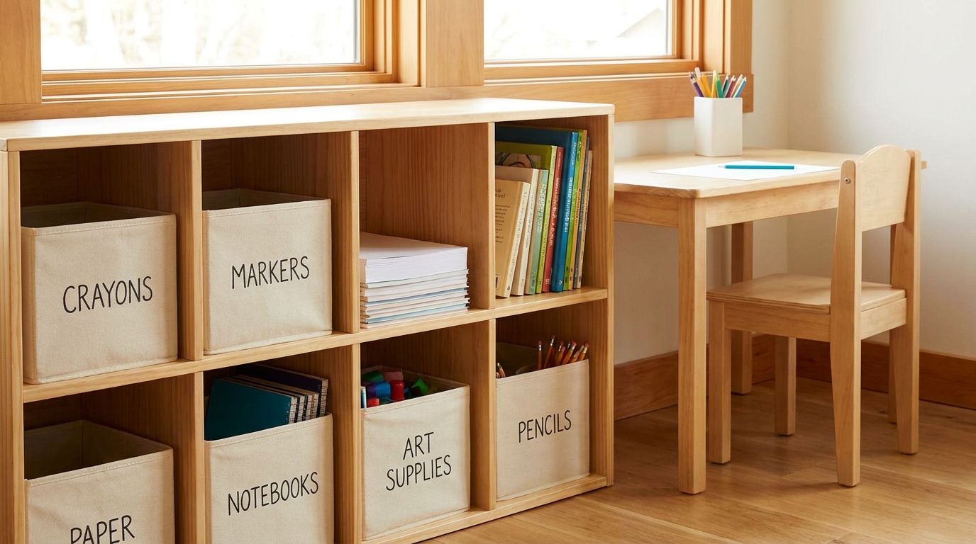 Low open cubby shelving at child height beside a desk, holding labelled bins with study supplies.