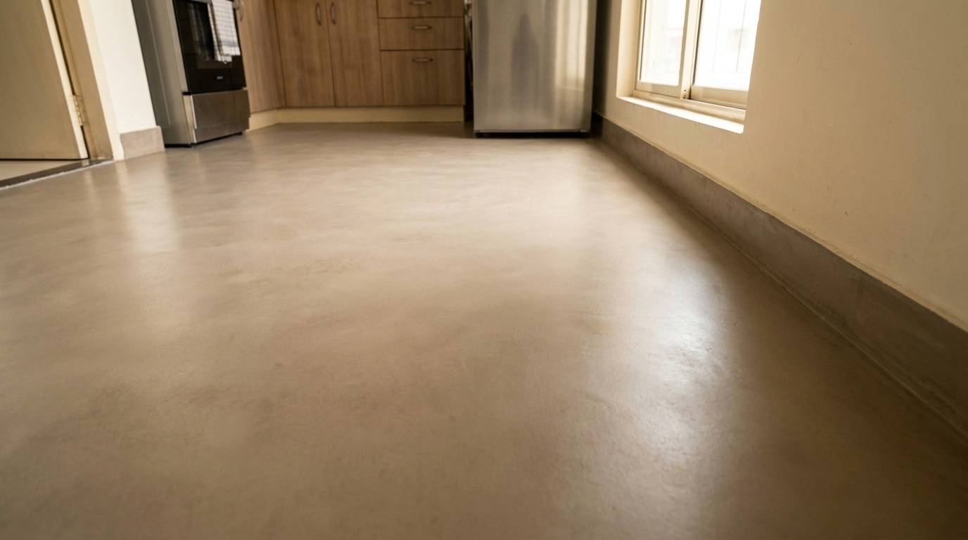 Seamless microcement flooring in warm greige tone with no grout lines in a renovated Indian apartment kitchen.