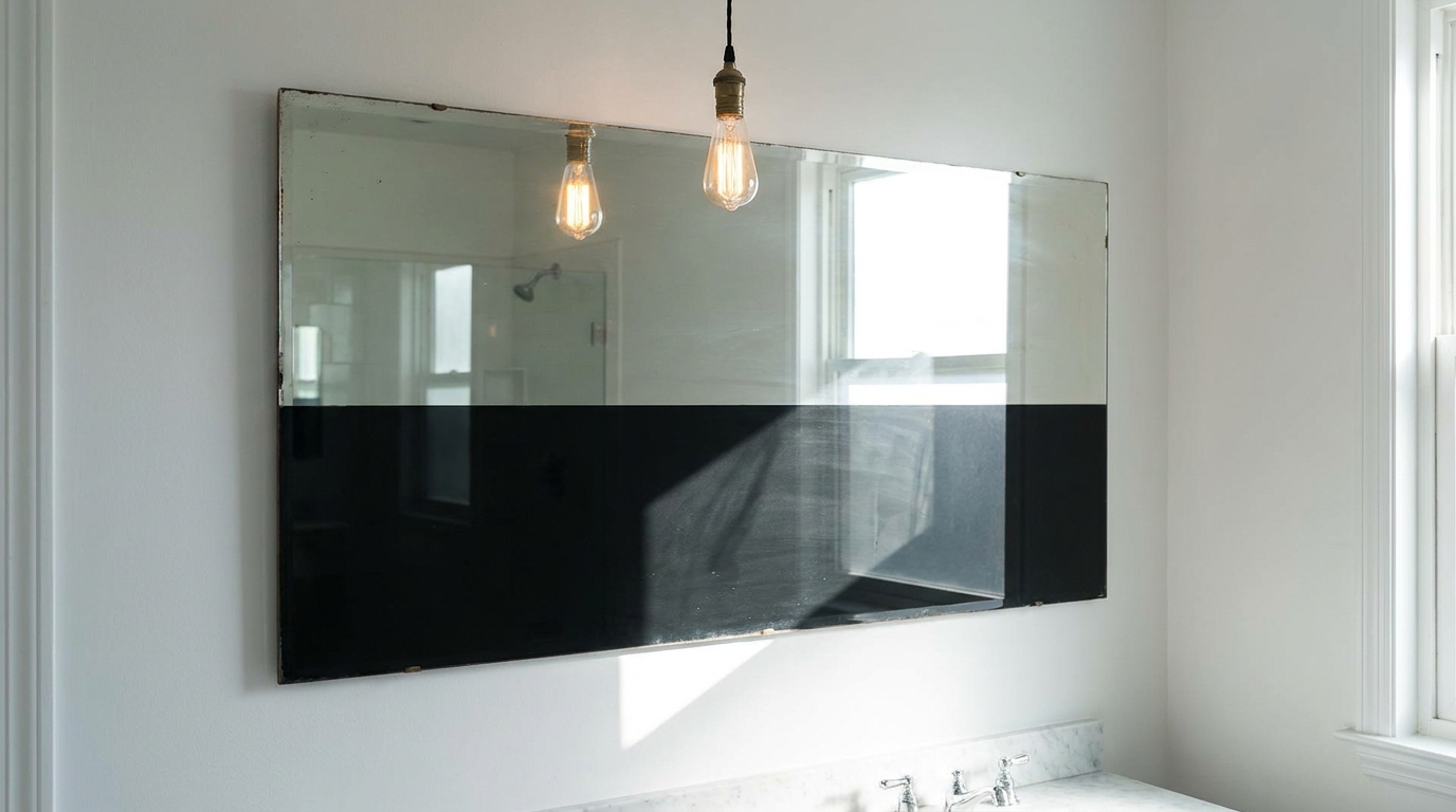 Bathroom mirror lit only by a single overhead bulb, casting a downward shadow below the mirror.