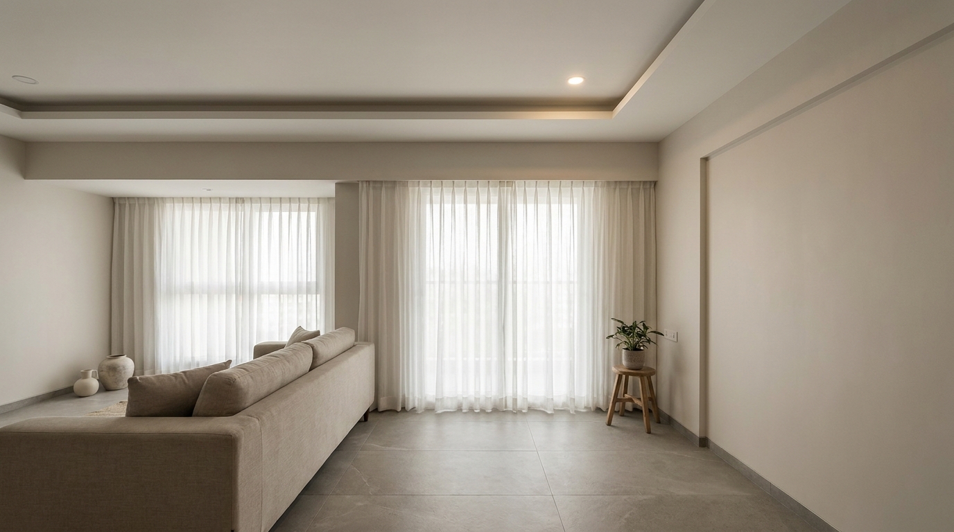 Clean single-tier false ceiling with perimeter cove in an Indian apartment living room.