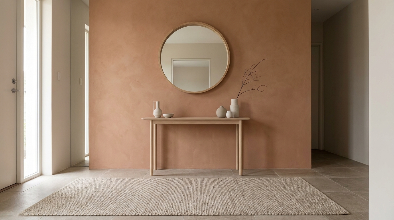 Entryway with limewash accent wall and textured runner rug in an Indian apartment.