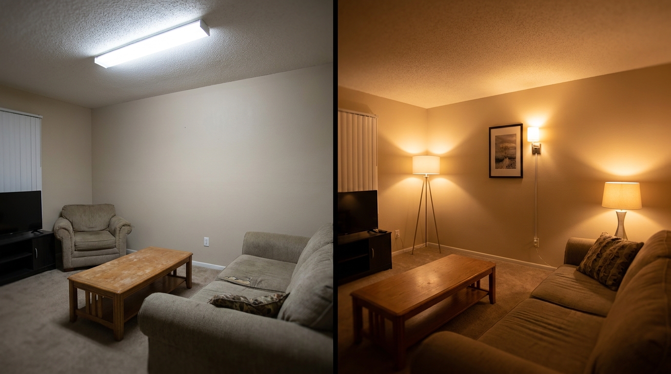A side-by-side comparison of a rental room showing the transformation from a harsh, cool-white overhead light to a warm, inviting atmosphere created by layered portable lamps and plug-in sconces.