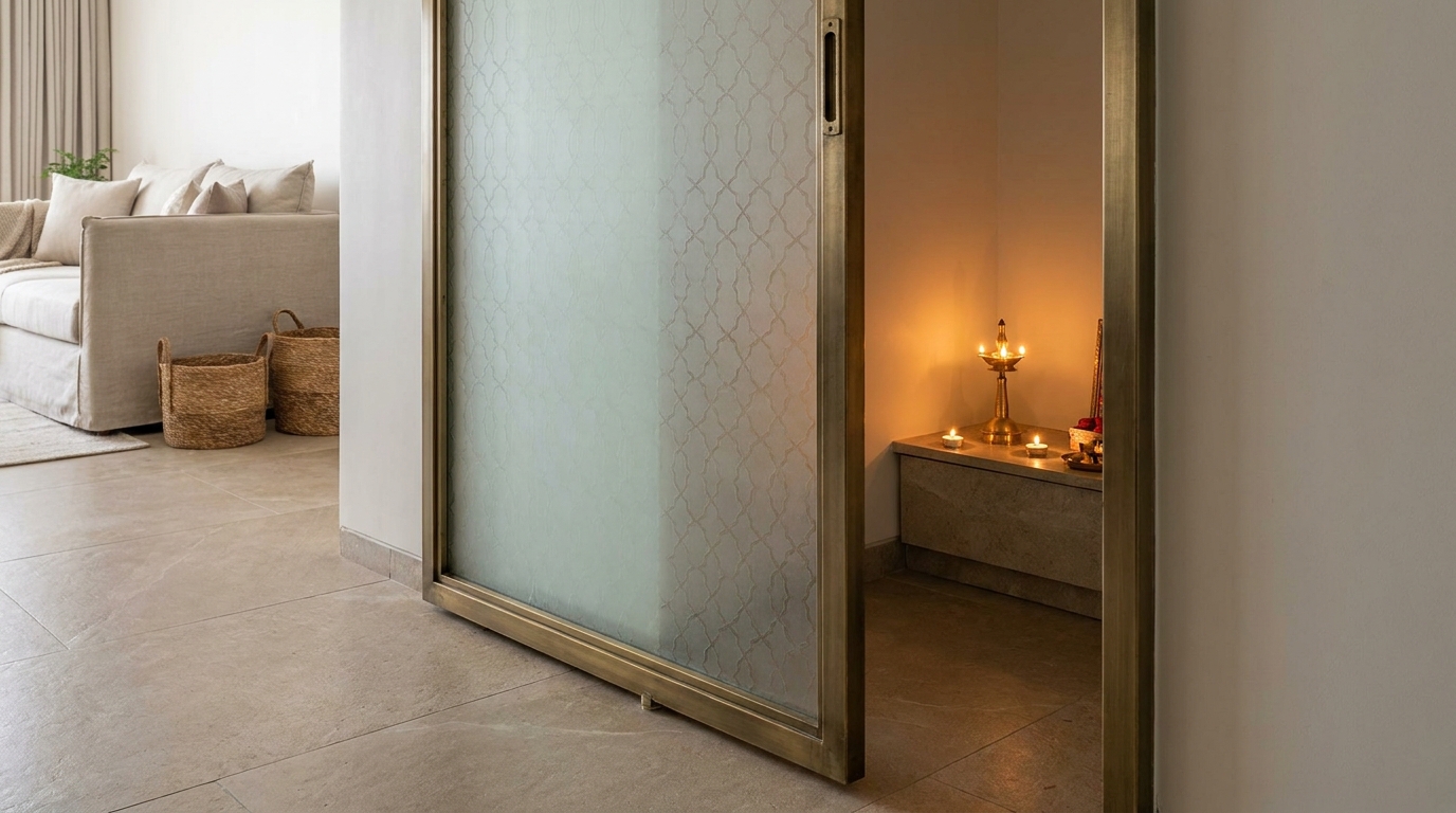 Frosted glass sliding partition door with etched jaali pattern and brass frame at a pooja room alcove entrance, soft warm light glowing through.
