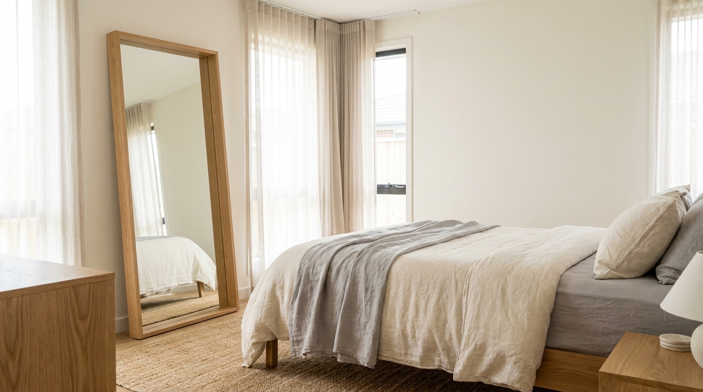 Bedroom with a full-length mirror positioned on a side wall, angled away from the bed.