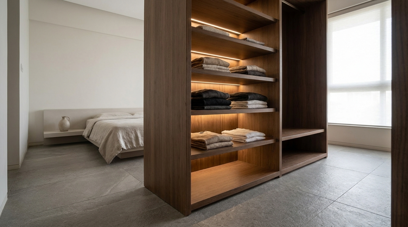 Wardrobe interior lit with warm LED strip lighting.
