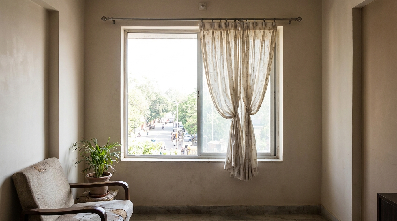 Loosely gathered curtain on a simple rod in an Indian apartment living room before renovation.
