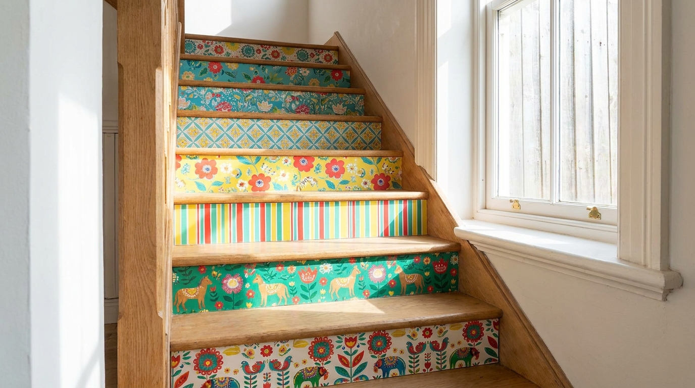 Staircase with each riser covered in a different colourful wallpaper pattern, treads left in plain wood.