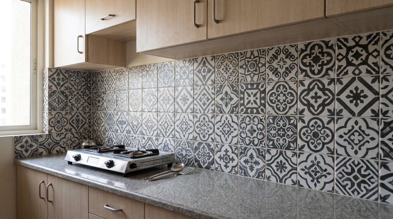 Patterned black-and-white cement-look tile backsplash running full-height in a renovated Indian apartment kitchen, with warm wood cabinets below.