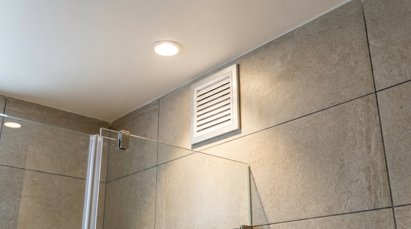 A sleek white square wall-mounted exhaust fan installed high up on a tiled bathroom wall near the ceiling and a glass shower partition in a modern Indian apartment.